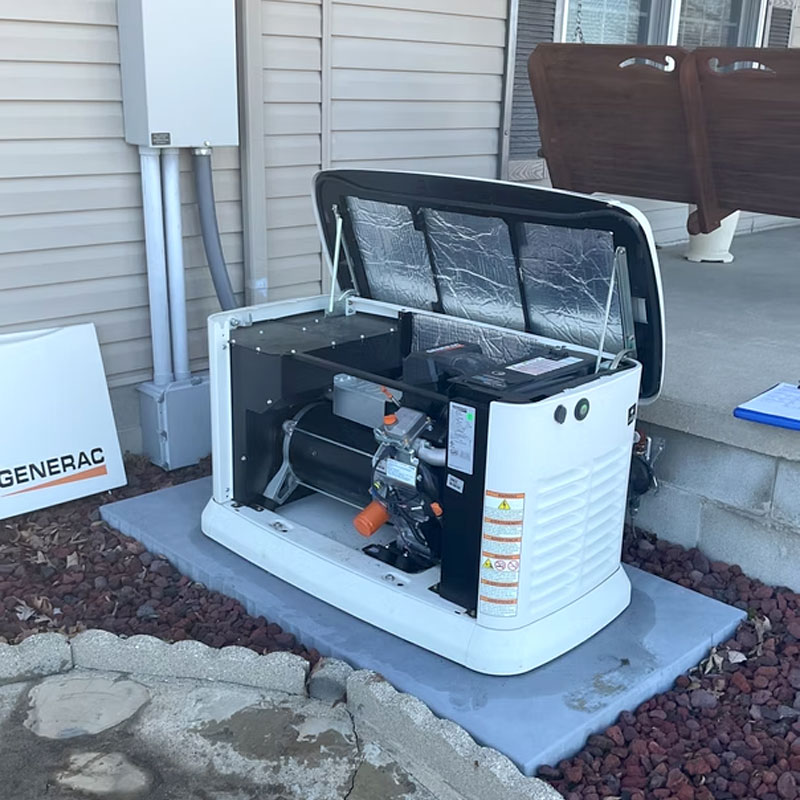Generac unit open for service on a pad next to the house